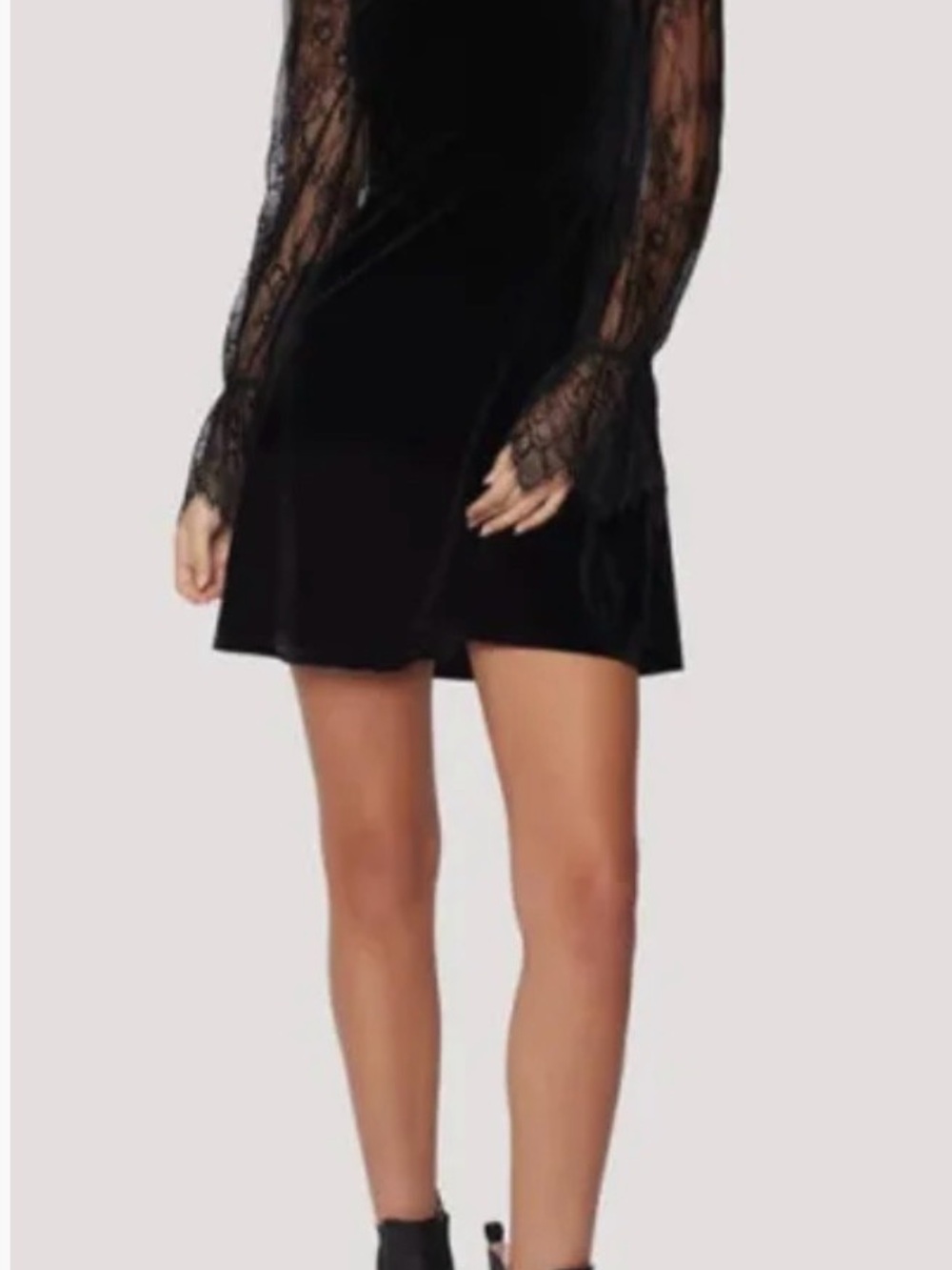 Lost + Wander Foote Black Velvet Lace-Sleeve Mini Dress